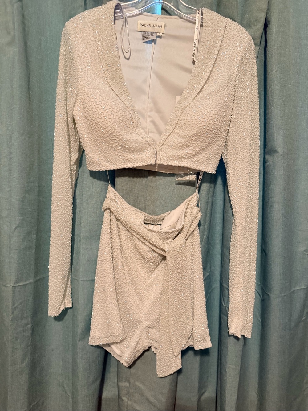 Rachel Allan Ivory Beaded Long-Sleeve Crop Top